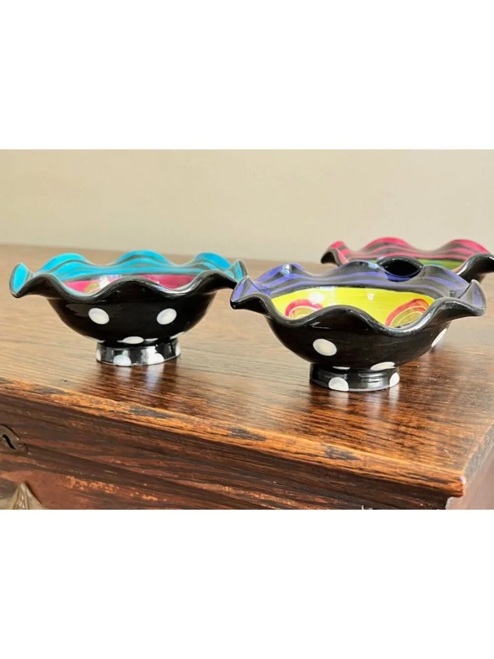 Set of 3 Small Handmade Art Pottery Bowls Ruffled Colorful 4.75